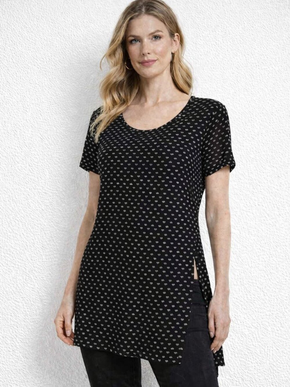 VICI Short Sleeve Semi Sheer Side Slit Tunic Blouse